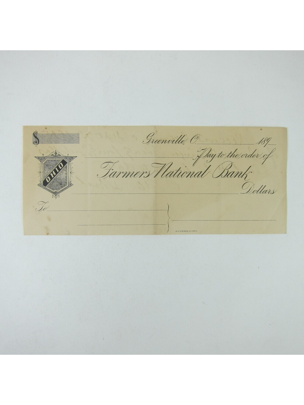Farmers National Bank Check Receipt Greenville Ohio John Dininger Antique 1895